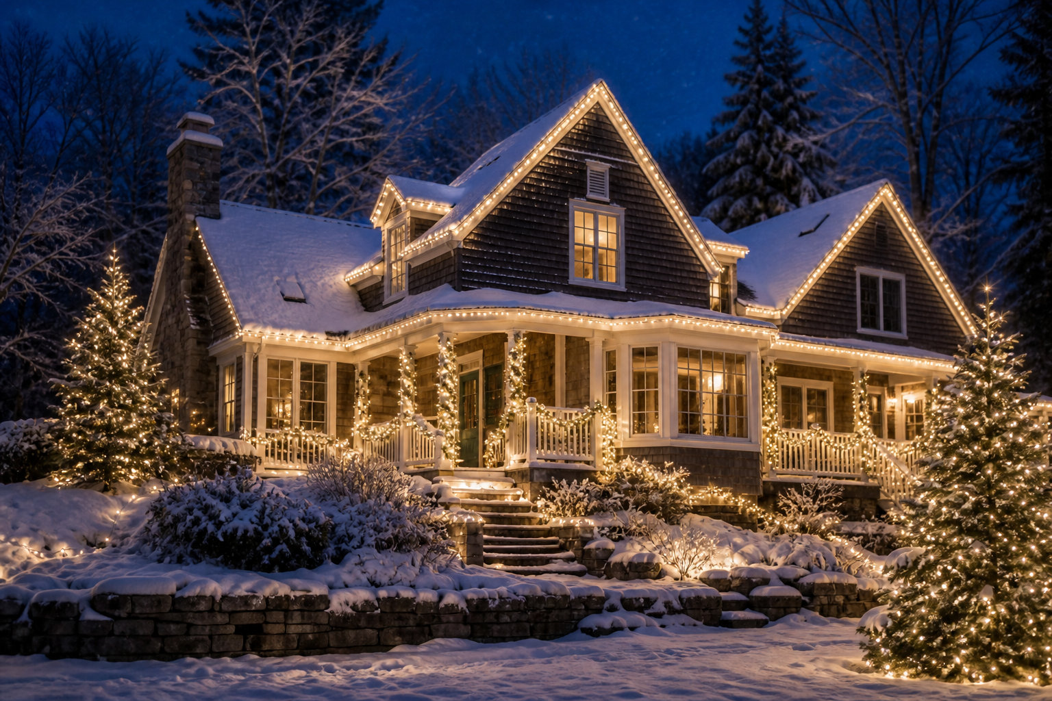 Snow-covered cedar-shingle home glowing with warm-white roofline, porch, railing, and evergreen holiday lights