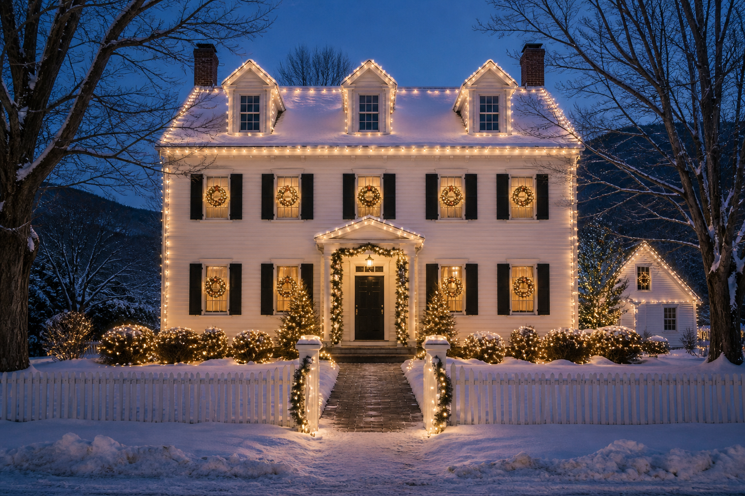 Classic white New England colonial decorated with roofline lights, glowing window wreaths, and illuminated garland