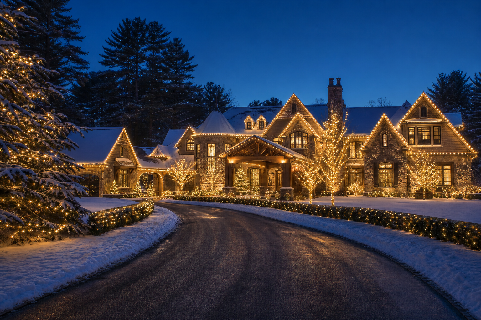 Luxury New Hampshire estate and curved drive illuminated with an extensive coordinated warm-white holiday lighting display