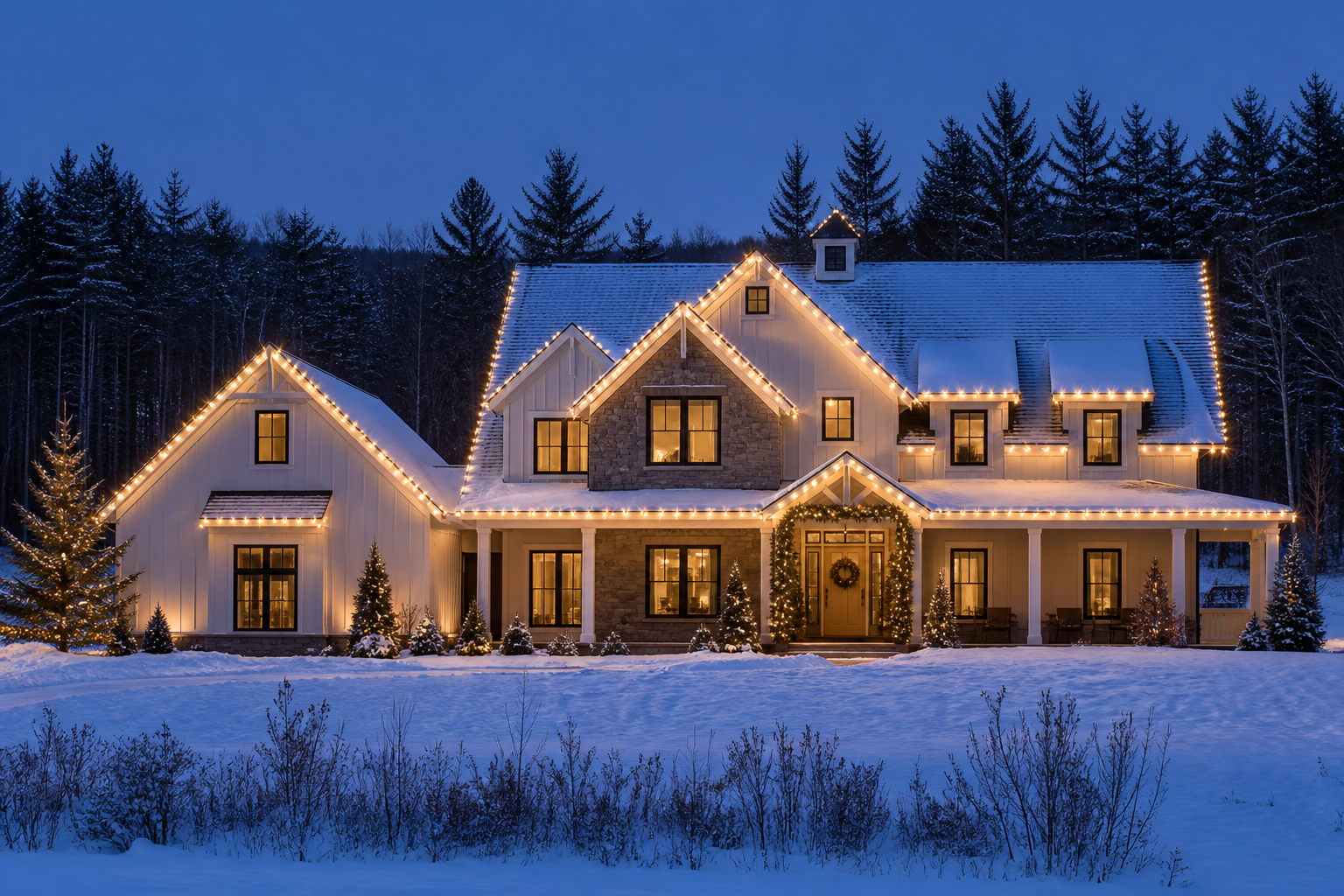 Snow-covered Vermont residence with warm-white holiday lights precisely tracing its rooflines, eaves, and front porch