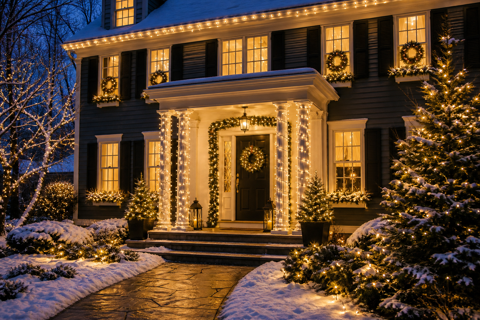 New England home entrance framed by illuminated garland, wrapped columns, lit wreaths, and warm-white holiday lights