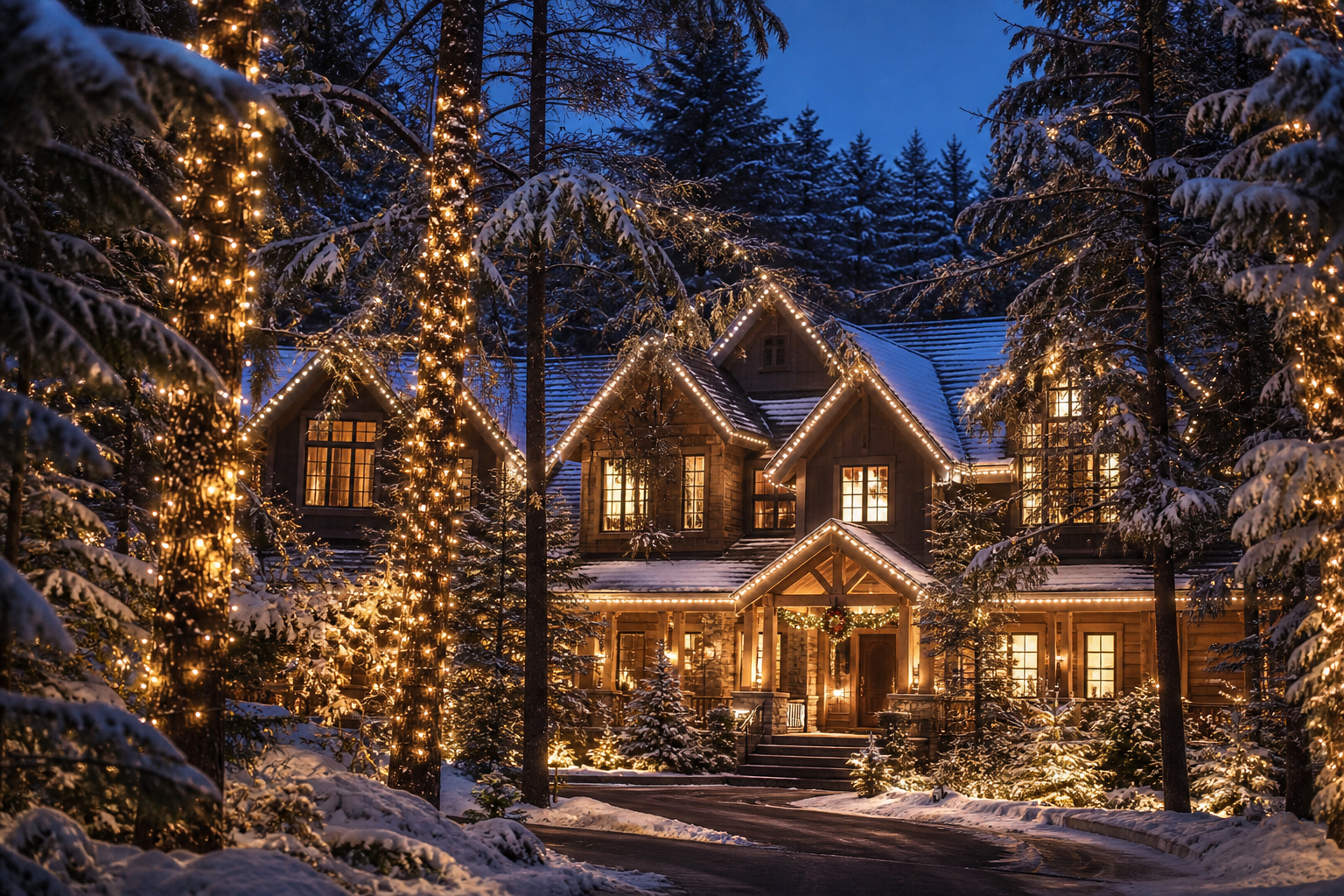 Woodland home with warm-white holiday lights across the roof and snow-covered evergreen trunks and branches