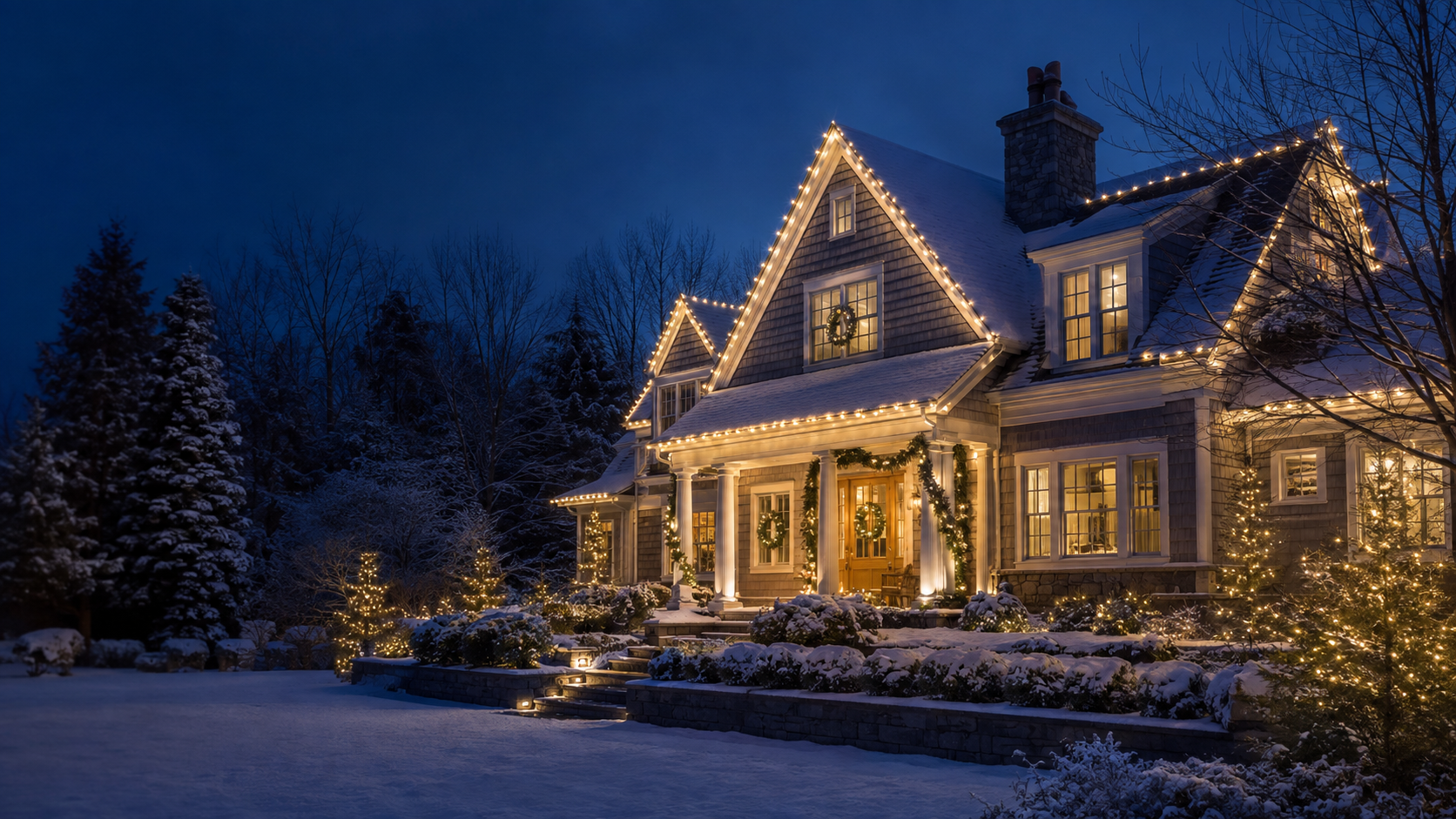 Elegant snow-covered New England home professionally decorated with warm-white Christmas lights